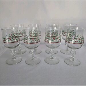 Arby's Libbey 1987 Holly & Berries Bow Stemmed Water Wine Glasses Set Of‎ 8
